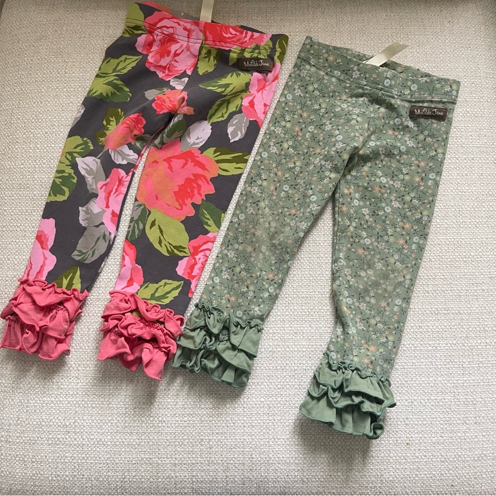 Matilda Jane Girls Floral Ruffle Leggings Bundle Size 2 Pink Rose Sage Green 2pk